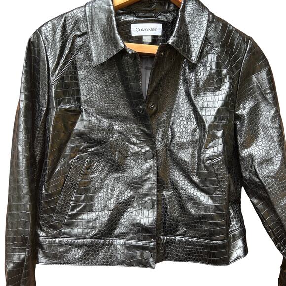Calvin Klein Faux Leather Trucker Jacket 12 Black NWT Croc Coat Button Crop - Picture 4 of 9